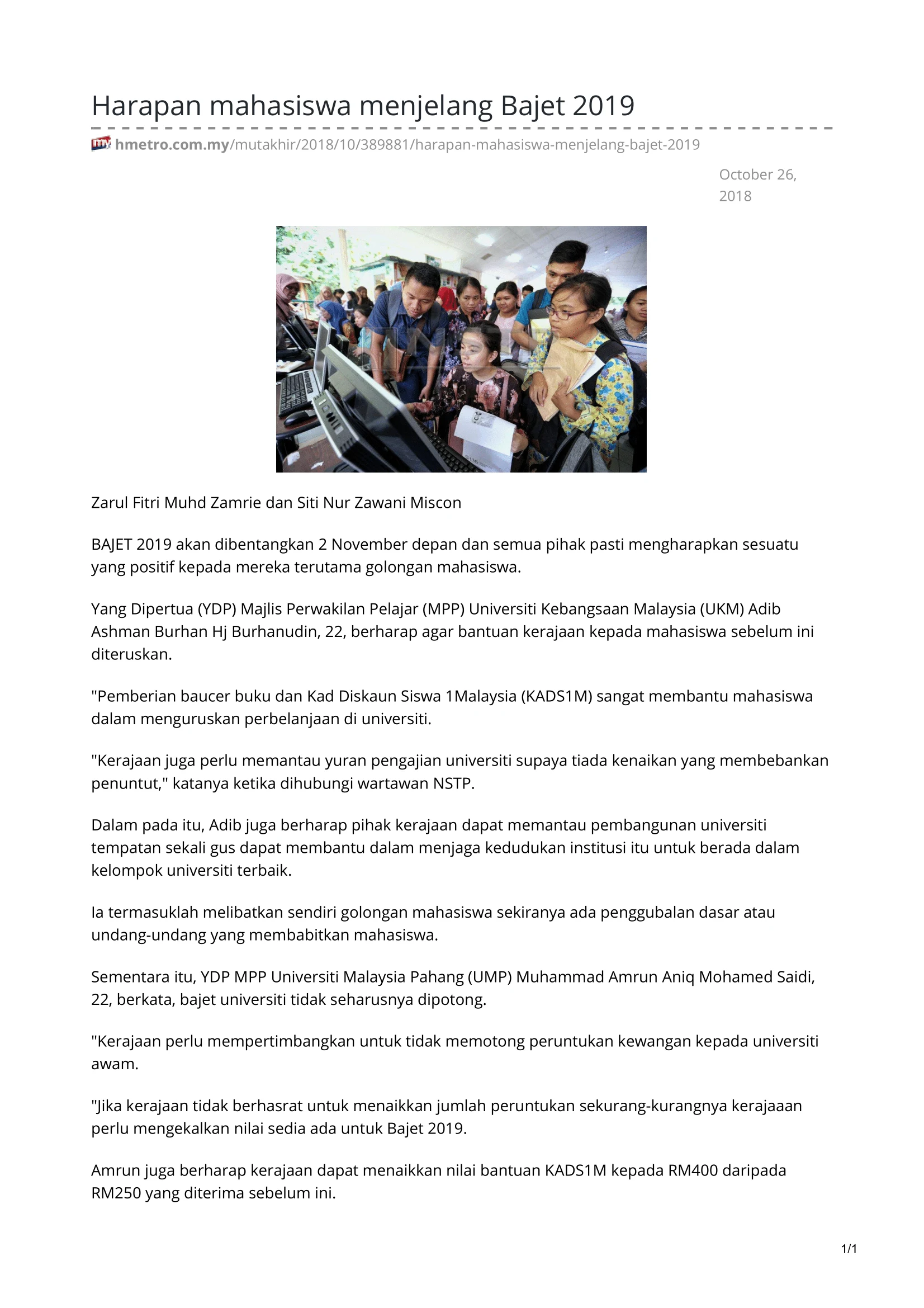 Press clipping: Harapan Mahasiswa Menjelang Bajet 2019