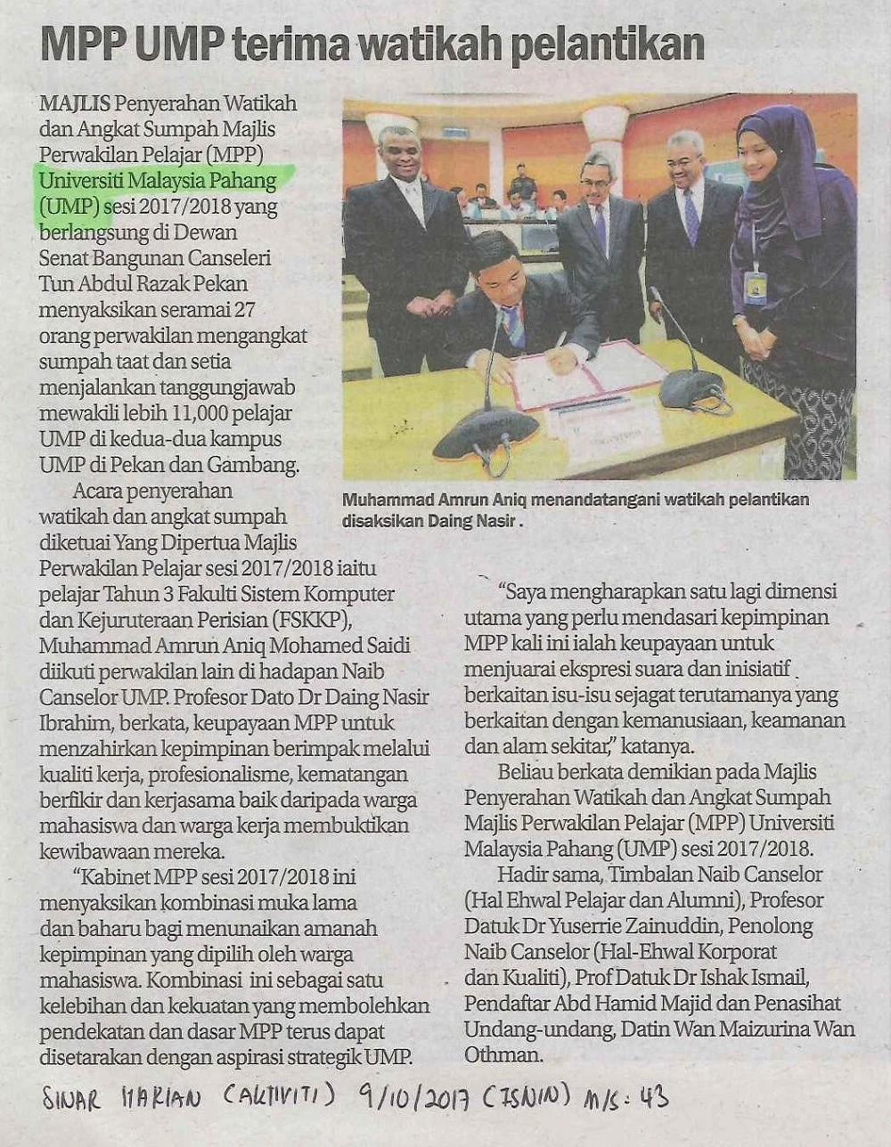Press clipping: MPP UMP Terima Watikah Pelantikan